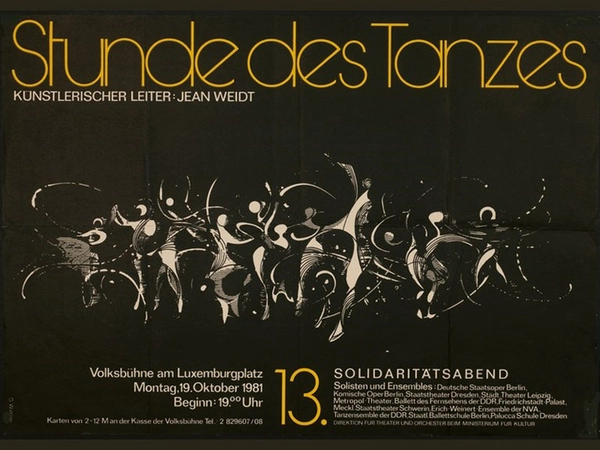 Plakat: Stunde des Tanzes, Bildunterschrift: Tanzplakat von Guntram Walther zur Veranstaltungsreihe 'Stunde des Tanzes' an der Komischen Oper Berlin, Tanzarchiv Leipzig/Universitätsbibliothek Leipzig, Signatur: NL 408/504