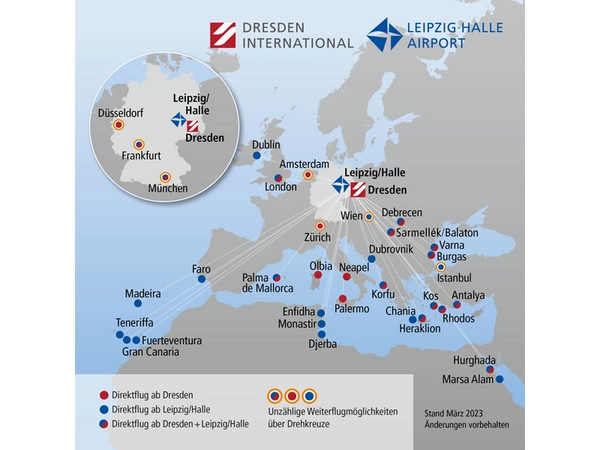 Sommerflugplan: Flughafen Leipzig/Halle und Dresden, Grafik: Mitteldeutsche Flughafen AG