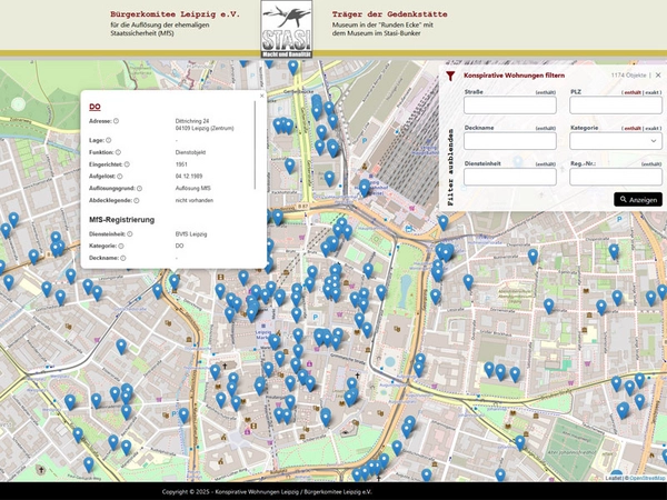 Screenshot: Interaktiver digitaler Stadtplan zu den geheimen Stasi-Objekten in Leipzig, Foto: Bürgerkomitee Leipzig e.V.