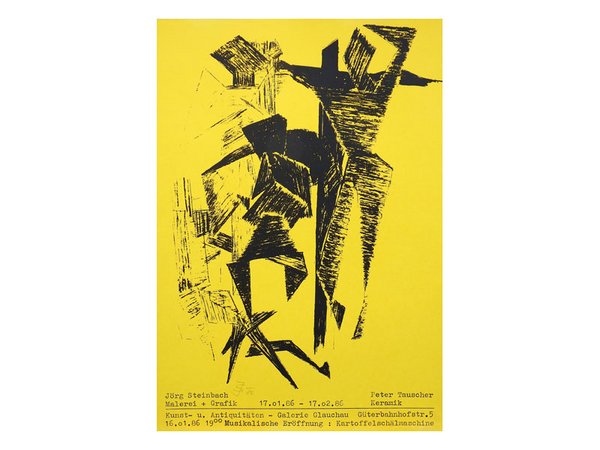 Jörg Steinbach, Galerie Glauchau, 1986, Serigrafie auf gelben Karton; Rechte: Galerie am Sachsenplatz