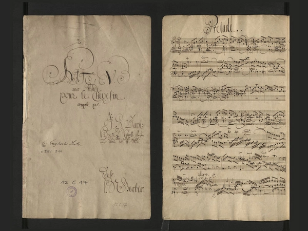 Johann Sebastian Bach, Abschrift der Englischen Suite Nr. 6 d-Moll, BWV 811, von der Hand des Bach-Schülers Heinrich Nikolaus Gerber, Leipzig 1725 (?), Titelblatt und Prélude (1. Seite), Foto: Sammlung Bach-Archiv Leipzig