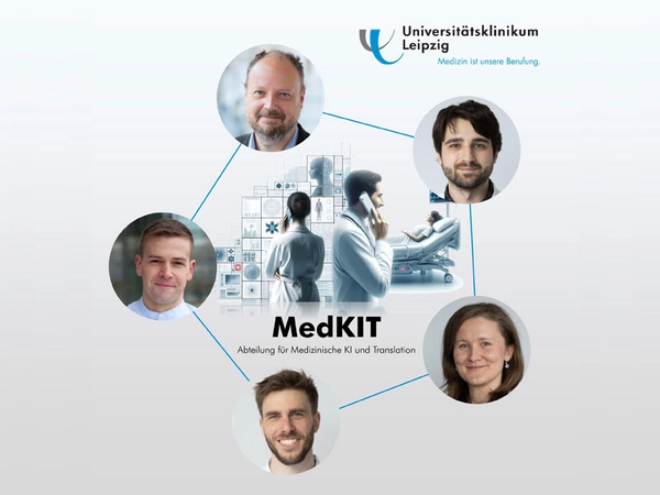 Das Team der neuen Abteilung für Medizinische KI und Translation (MedKIT) am UKL: Prof. Toralf Kirsten (o. li.), Martin Federbusch (o. re.), Maria Schmidt (u. re.), Dr. Daniel Steinbach (u. mi.), ​Alexander Twrdik (li.) Bild: UKL